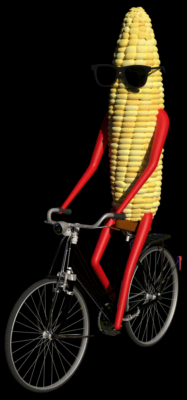 Corn man riding a bike.